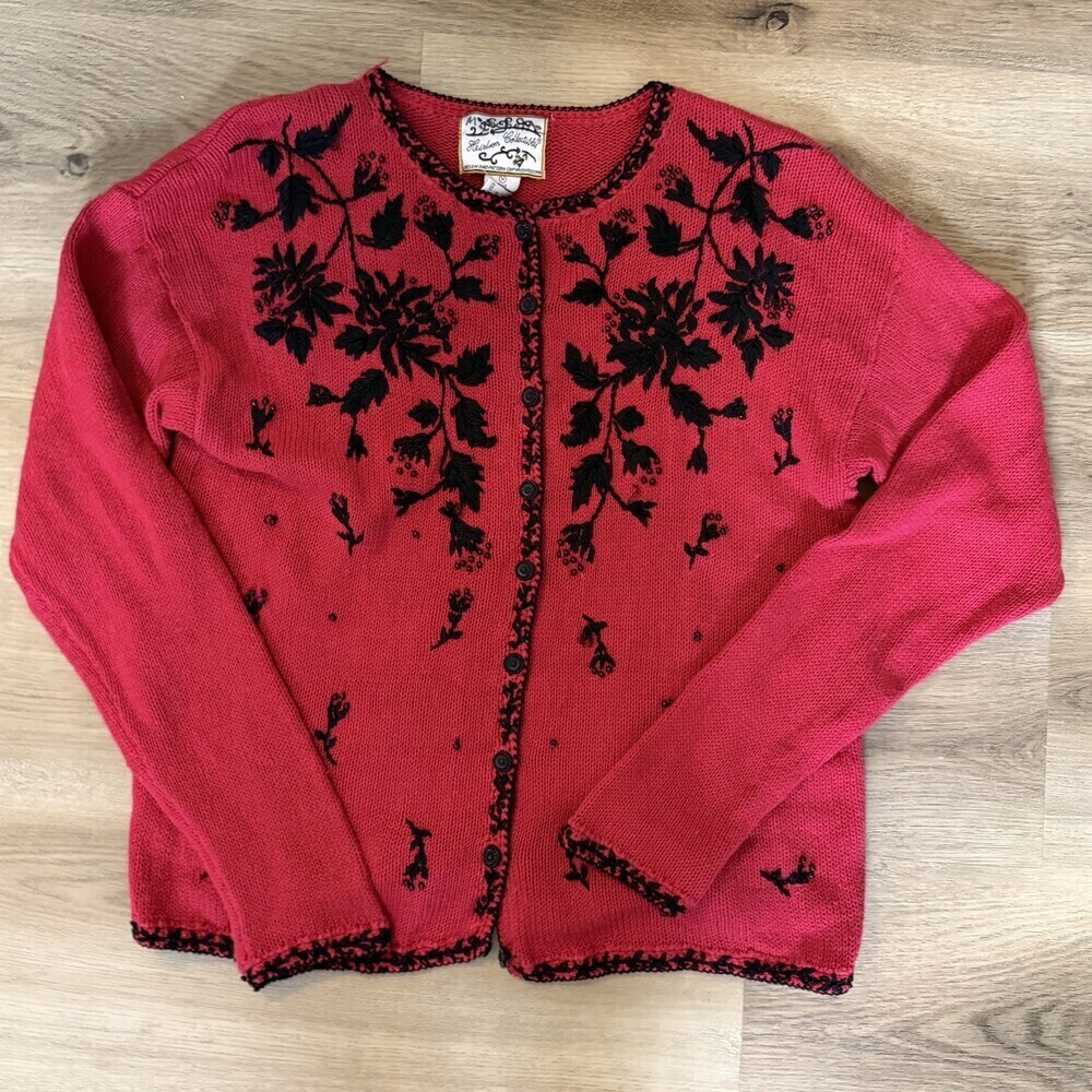 Vintage Style Red Beaded Floral Cardigan Heirloom Collectibles M